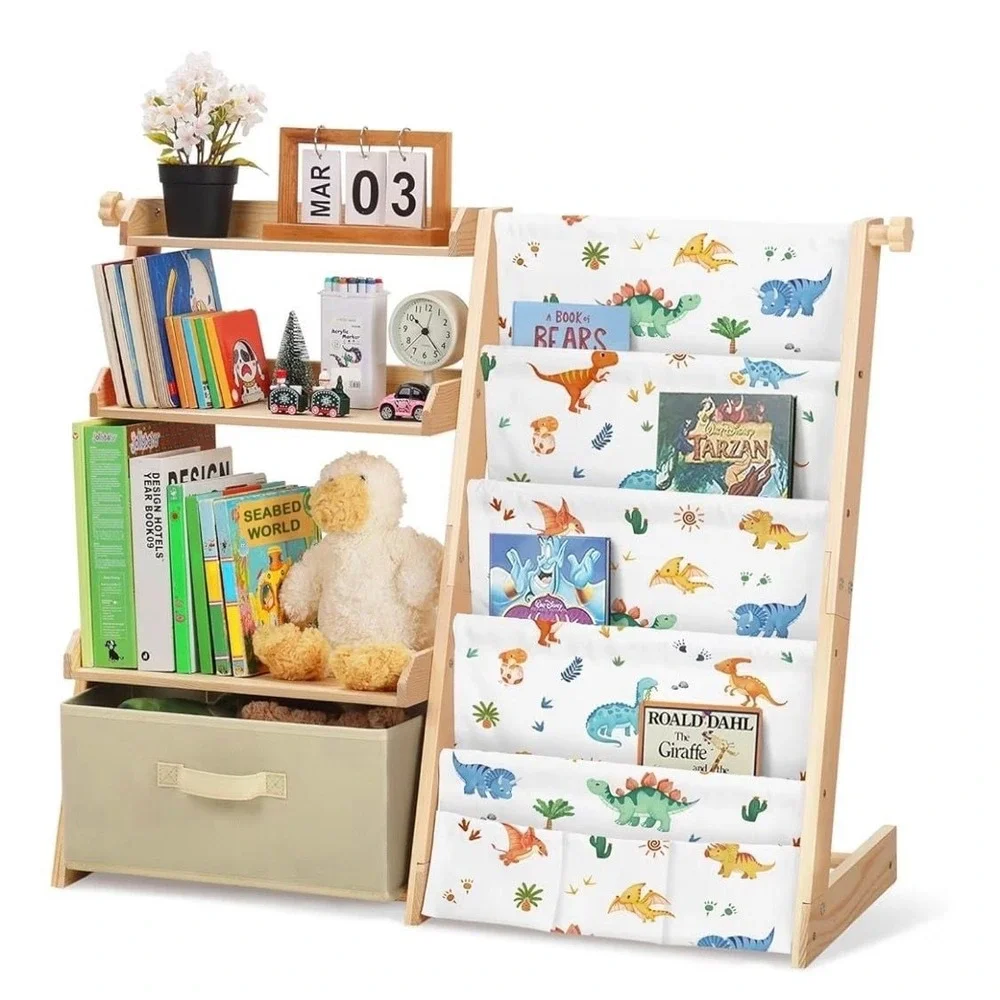 2-in-1 Kids Wooden Bookshelf and Toy Storage Organizer with 4 Sling Pockets and